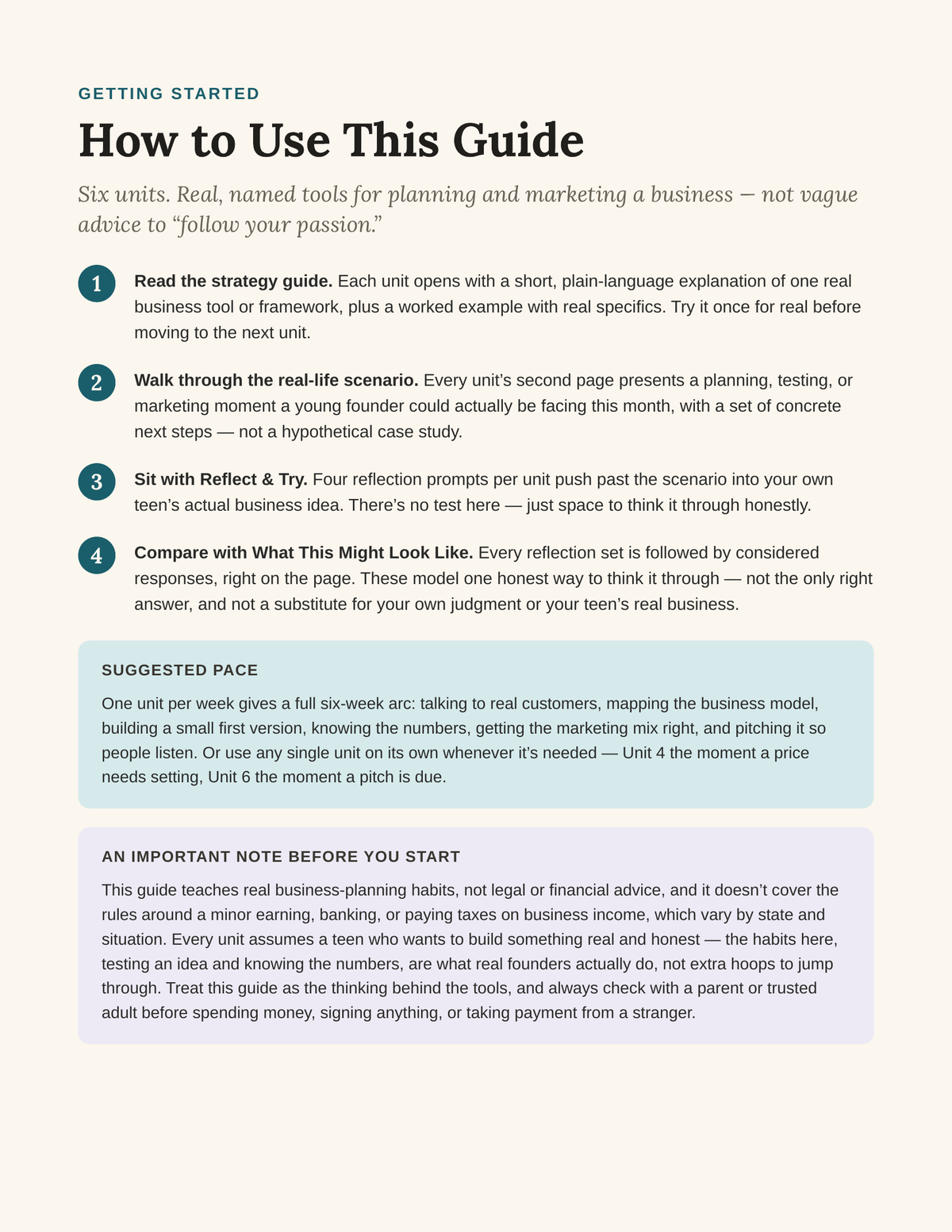 Startup Smart guide how to use page showing the four-step learning framework