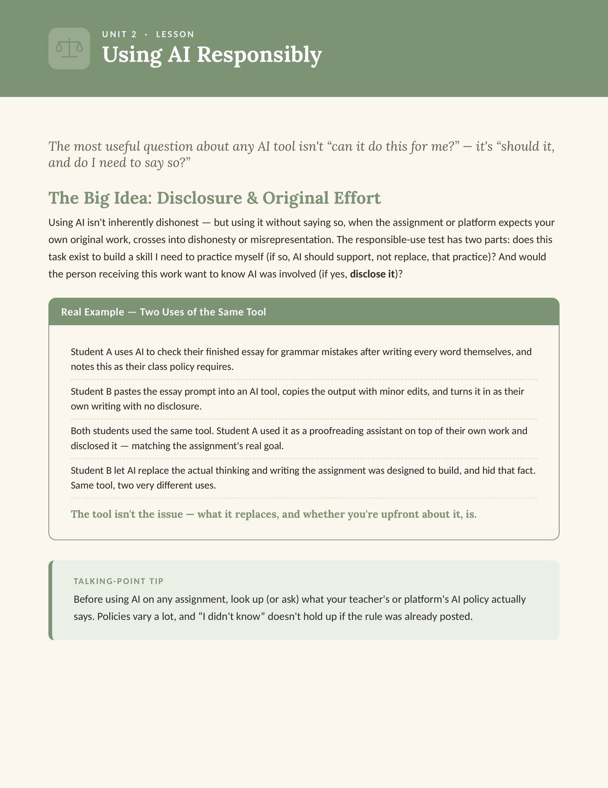 Sample lesson page — Unit 2: Using AI Responsibly