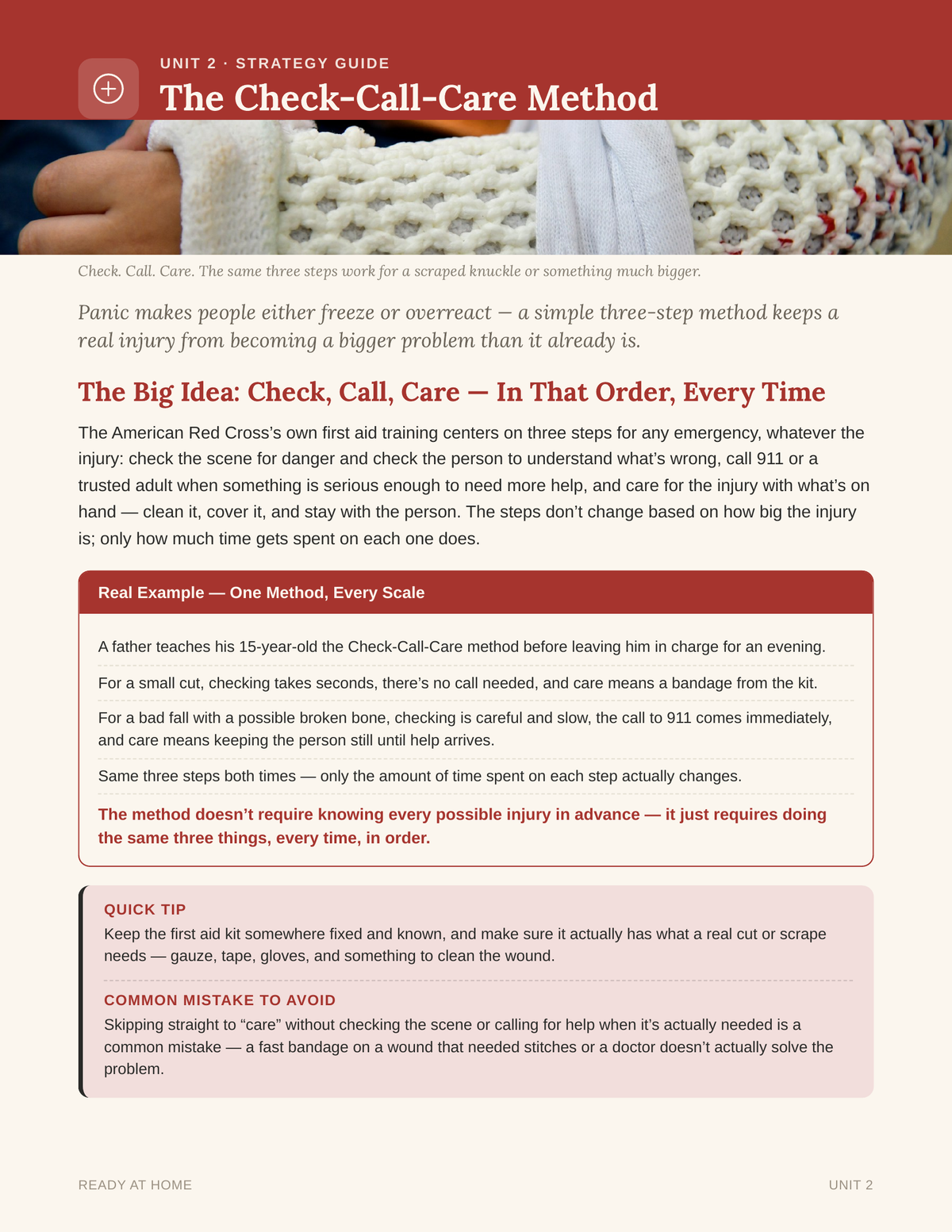 Unit 2 interior preview showing the Check-Call-Care first aid method